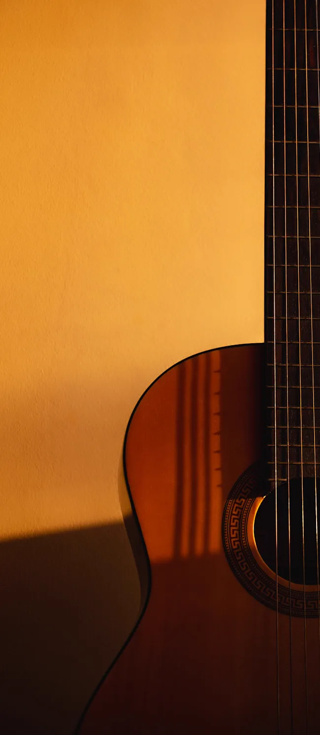 Placeholder de stock — cuerpo de guitarra clásica de nylon con luz lateral dramática, pendiente de foto real de Maison Guitars